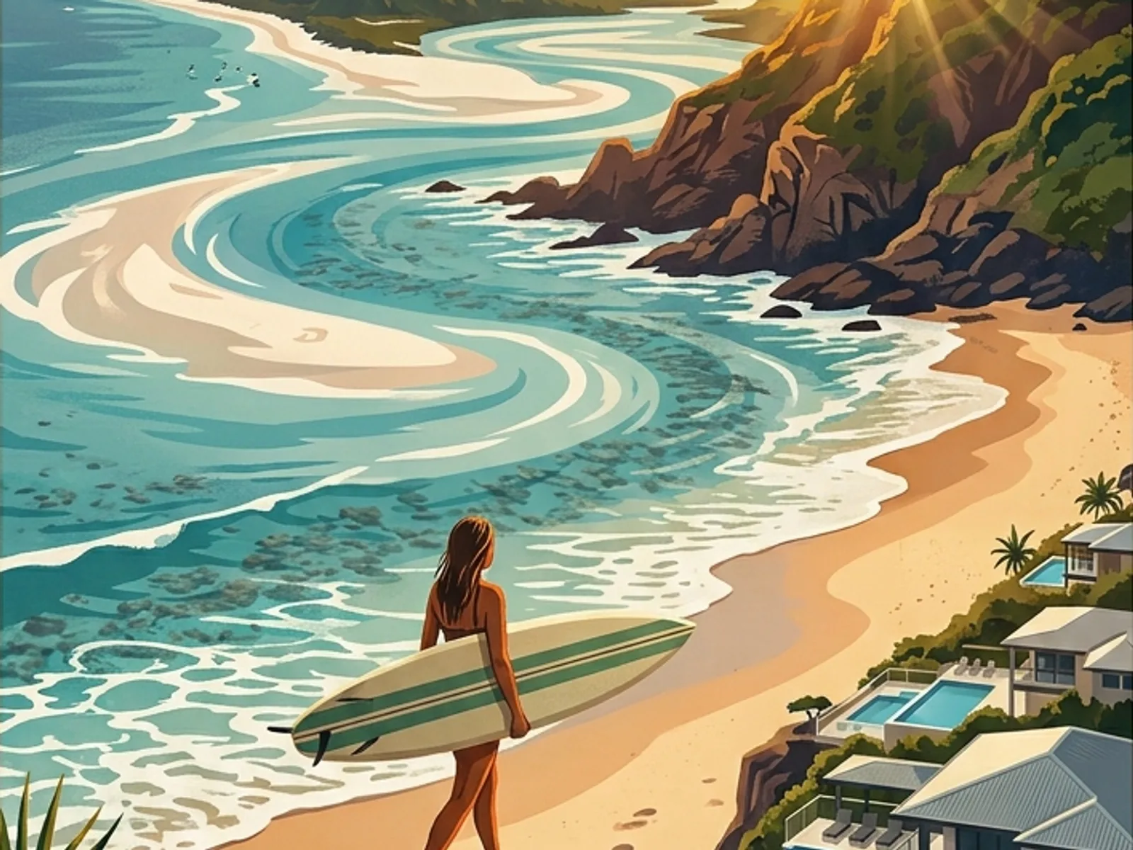 Illustrated coastline with a curving beach and headland, representative of the Whitsundays region