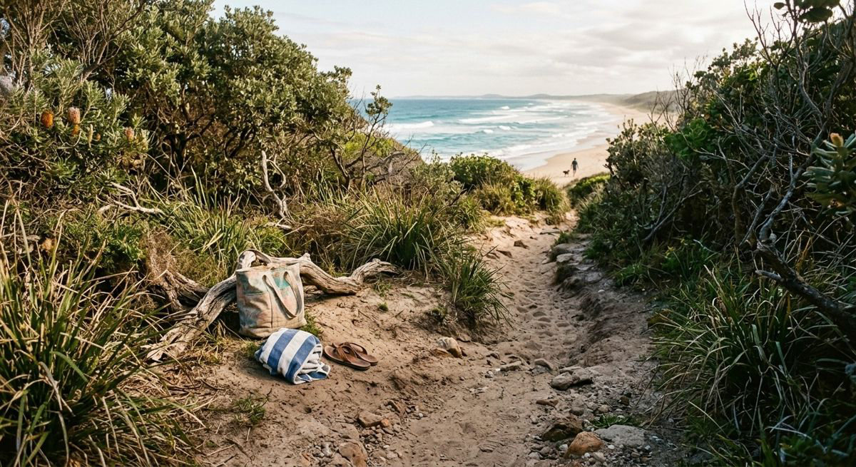 A sandy path through coastal scrub down to a long beach, a striped bag and thongs left beside it