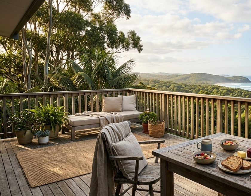 A timber deck with a daybed and potted plants, looking over trees to hills at dusk